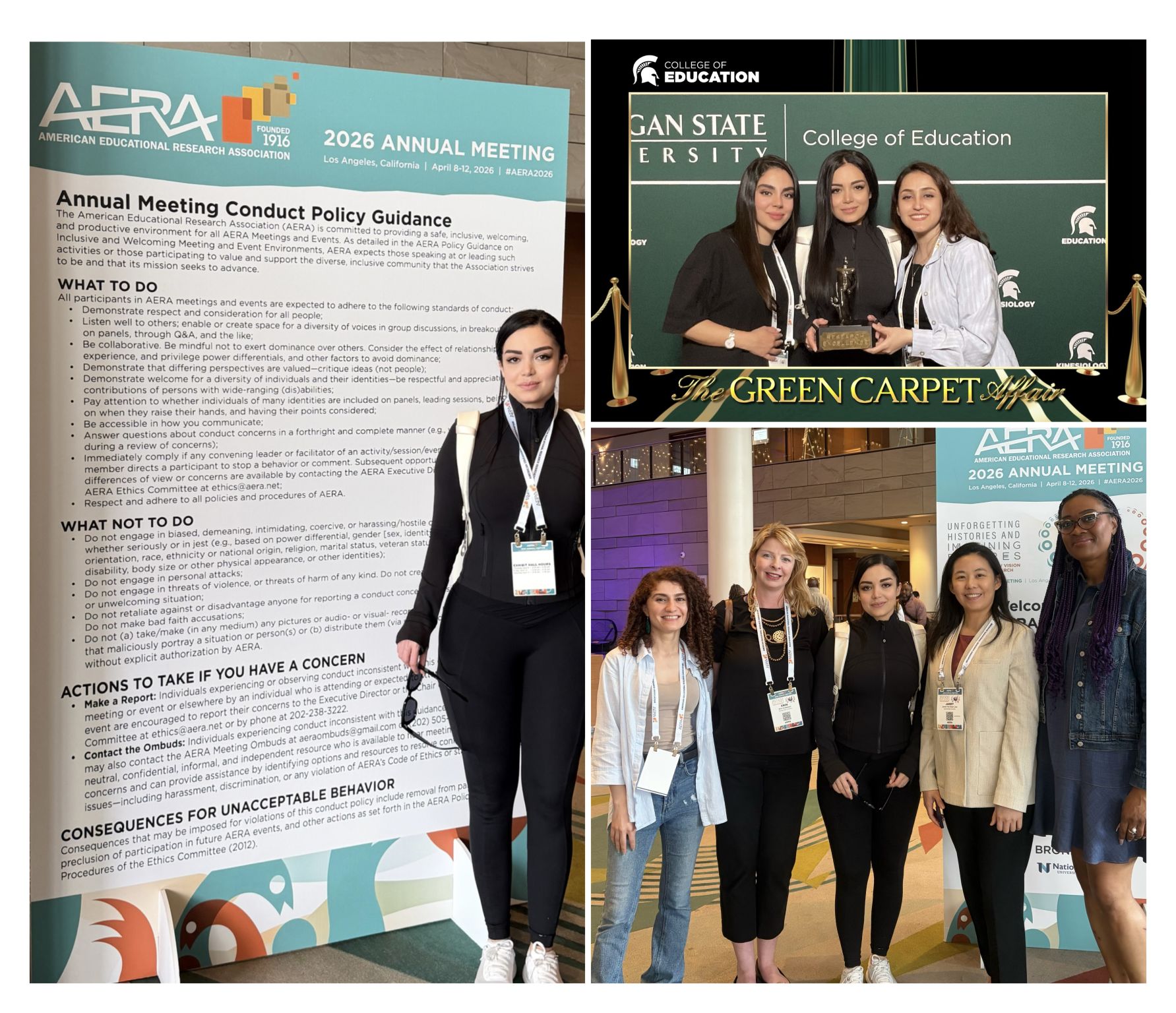 AERA 2026 Annual Meeting collage: conference signage, an award presentation, and colleagues in Los Angeles