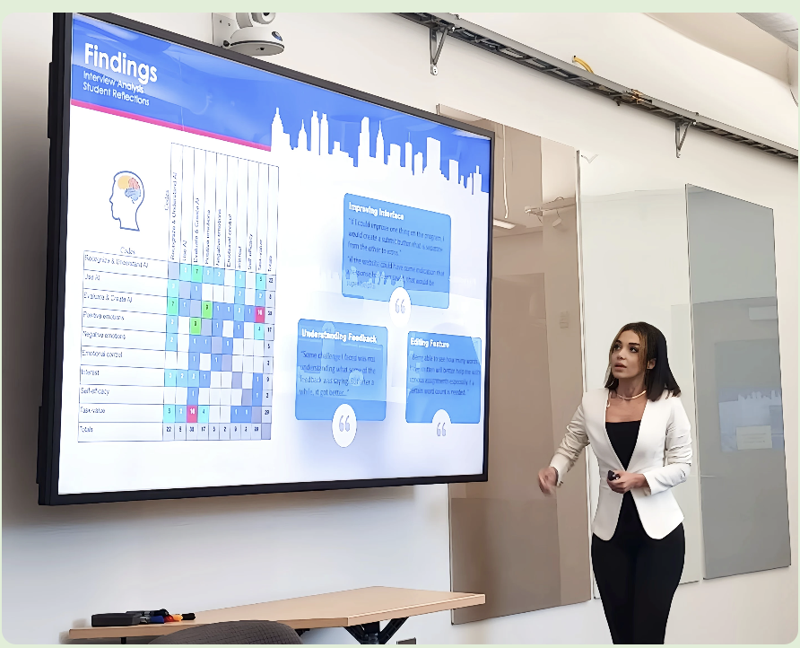 Researcher presenting research findings and data visualization