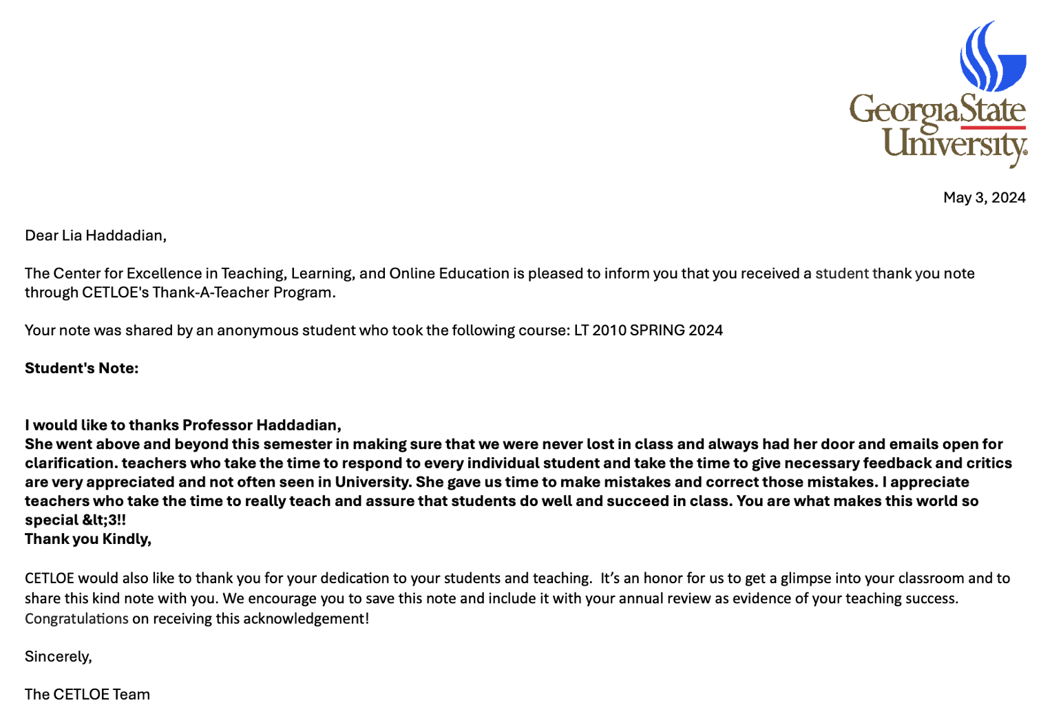 Thank-A-Teacher Program recognition letter from CETLOE for Computer Skills course