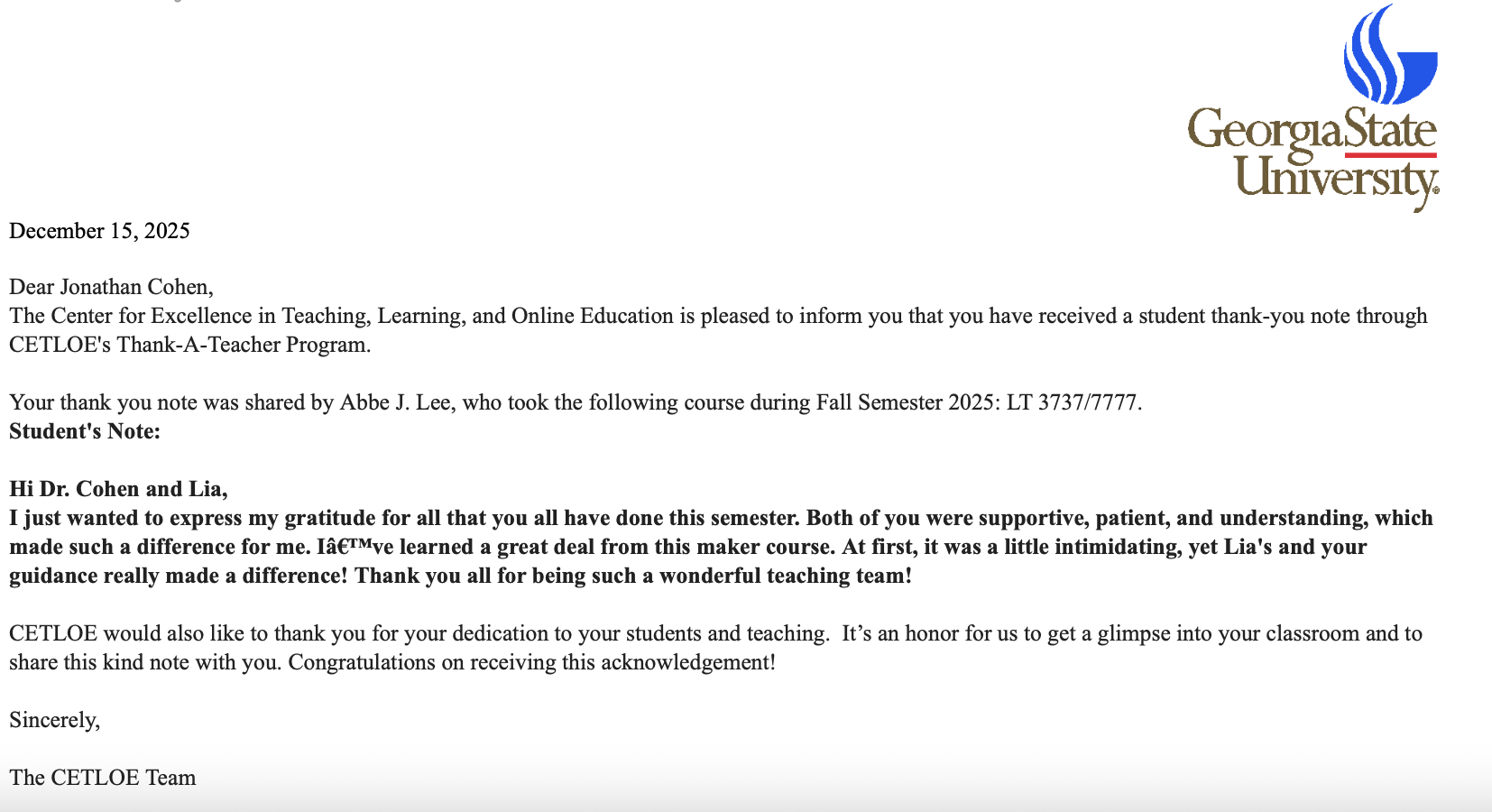 Thank-A-Teacher Program recognition letter from CETLOE for Inventing to Learn course